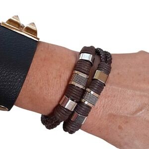 2 FRIENDSHIP BRACELETS Bohemian HAWAIIAN Metal Look Rocker Skater Faux Leather